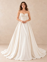 White Satin Strapless A-Line Wedding Dress with Pearl Embellishments