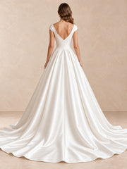 White Satin V-Neck Ball Gown Wedding Dress with Sweep Train