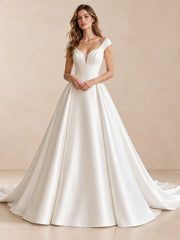 White Satin V-Neck Ball Gown Wedding Dress with Sweep Train