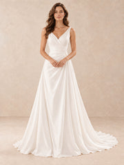 White Satin V-Neck Floor-length Wedding Dress with Pearl Accents
