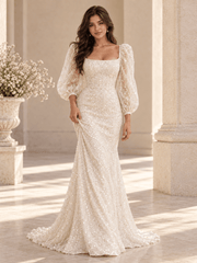 White Sequin Puff Sleeve Mermaid Wedding Dress with Square Neckline
