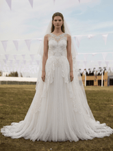 White Sheer Lace A-Line Wedding Dress with Illusion Neckline & Tulle Skirt