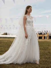 White Sheer Lace A-Line Wedding Dress with Illusion Neckline & Tulle Skirt