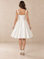 White Square-Neck Pearl-Detail Mikado Short A-Line Wedding Dress