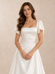White Square-Neck Satin A-Line Wedding Dress with Flutter Sleeves