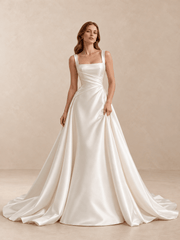 White Square Neck Draped Satin A-Line Wedding Dress with Sweep Train