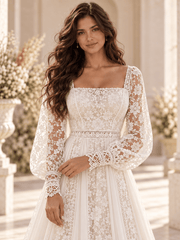 White Square Neck Floral Lace Bishop Sleeve Wedding Dress with Tulle Panels