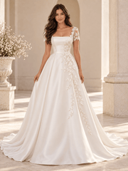 White Square Neck Lace Appliqué Satin Wedding Dress with Short Sleeves