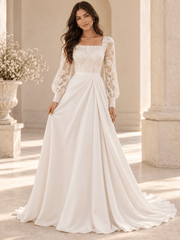 White Square Neck Lace Bodice Long Sleeve Satin A-Line Wedding Dress with Train