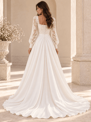 White Square Neck Lace Bodice Long Sleeve Satin A-Line Wedding Dress with Train