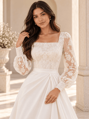 White Square Neck Lace Bodice Long Sleeve Satin A-Line Wedding Dress with Train