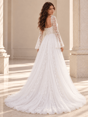 White Square Neck Lace Long Sleeve A-Line Tulle Wedding Dress