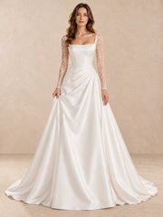 White Square Neck Long Lace Sleeve Satin Draped Waist Wedding Dress