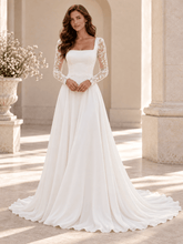 White Square Neck Long Sleeve Lace A-Line Wedding Dress with Sweep Train