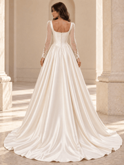 White Square Neck Long Sleeve Sheer Lace Satin Wedding Dress