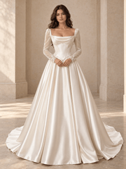 White Square Neck Long Sleeve Sheer Lace Satin Wedding Dress