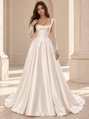 White Square Neck Long Sleeve Sheer Lace Satin Wedding Dress