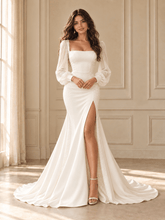 White Square Neck Pearl Beaded Long Sleeve Mermaid Wedding Dress