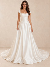 White Square Neck Satin A-Line Wedding Dress with Cap Sleeves