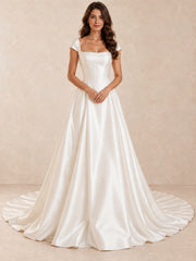 White Square Neck Satin A-Line Wedding Dress with Cap Sleeves