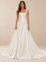 White Square Neck Satin A-Line Wedding Dress with Chapel Train