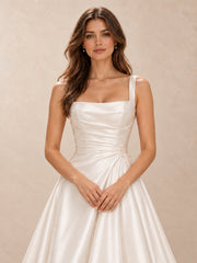 White Square Neck Satin A-Line Wedding Dress with Chapel Train