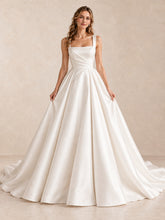 White Square Neck Satin A-Line Wedding Dress with Draped Bodice