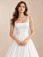 White Square Neck Satin A-Line Wedding Dress with Draped Pleated Waist