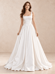 White Square Neck Satin A-Line Wedding Dress with Draped Pleated Waist