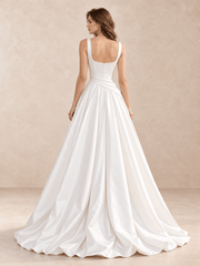 White Square Neck Satin A-Line Wedding Dress with Draped Pleated Waist
