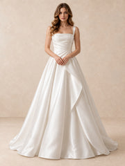 White Square Neck Satin A-Line Wedding Dress with Draped Waist