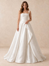 White Square Neck Satin A-Line Wedding Dress with Draped Waist