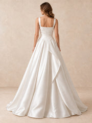 White Square Neck Satin A-Line Wedding Dress with Draped Waist