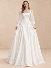 White Square Neck Satin A-Line Wedding Dress with Sheer Puff Sleeves
