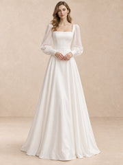 White Square Neck Satin A-Line Wedding Dress with Sheer Puff Sleeves