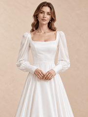 White Square Neck Satin A-Line Wedding Dress with Sheer Puff Sleeves