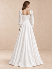 White Square Neck Satin A-Line Wedding Dress with Sheer Puff Sleeves
