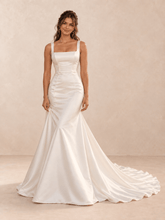 White Square Neck Satin Mermaid Wedding Dress with Sweep Train