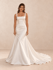 White Square Neck Satin Mermaid Wedding Dress with Sweep Train