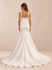 White Square Neck Satin Mermaid Wedding Dress with Sweep Train