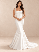 White Square Neck Satin Mermaid Wedding Dress with Sweeping Train