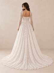 White Square Neck Sequined Mesh Long Sleeves A-Line Wedding Dress