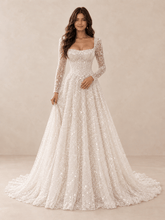 White Square Neck Sequined Mesh Long Sleeves A-Line Wedding Dress