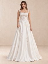 White Square Neck Sleeveless Floral Appliqué Satin Wedding Dress