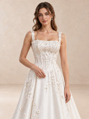 White Square Neck Sleeveless Floral Appliqué Satin Wedding Dress