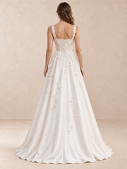 White Square Neck Sleeveless Floral Appliqué Satin Wedding Dress