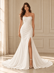 White Strapless Draped Crepe Mermaid Wedding Dress with Lace Appliqués