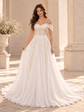 White Strapless Draped Neckline Wedding Dress with Lace Appliqués