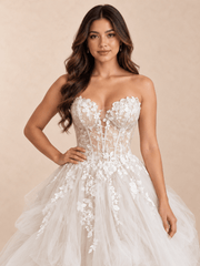 White Strapless Floral Lace Ball Gown Wedding Dress with Sheer Corset Bodice