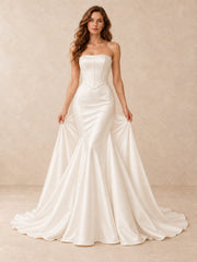 White Strapless Pearl-Trim Satin Mermaid Wedding Dress with Sweep Train